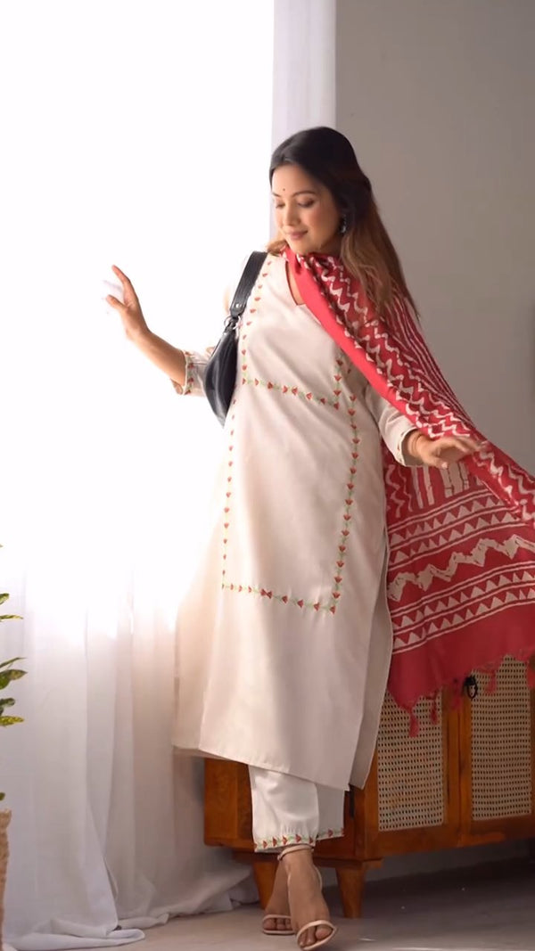 Beige Embroidered Kurta with Pants & Printed Dupatta